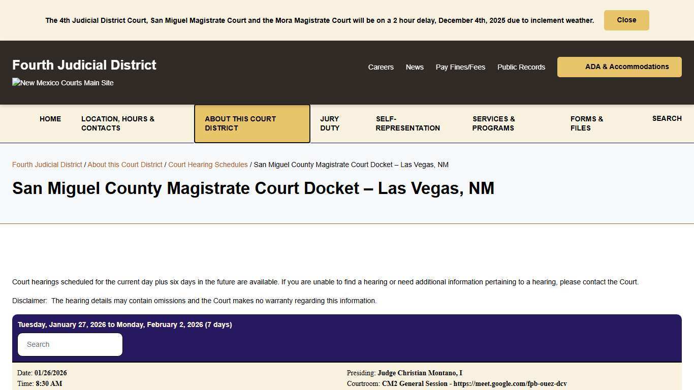 San Miguel County Magistrate Court Docket - Las Vegas, NM - Fourth Judicial District